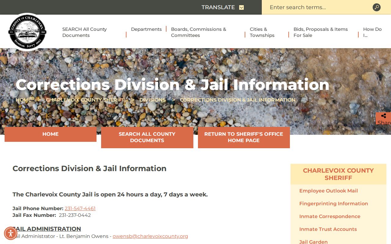 Charlevoix County Sheriff corrections and jail information page