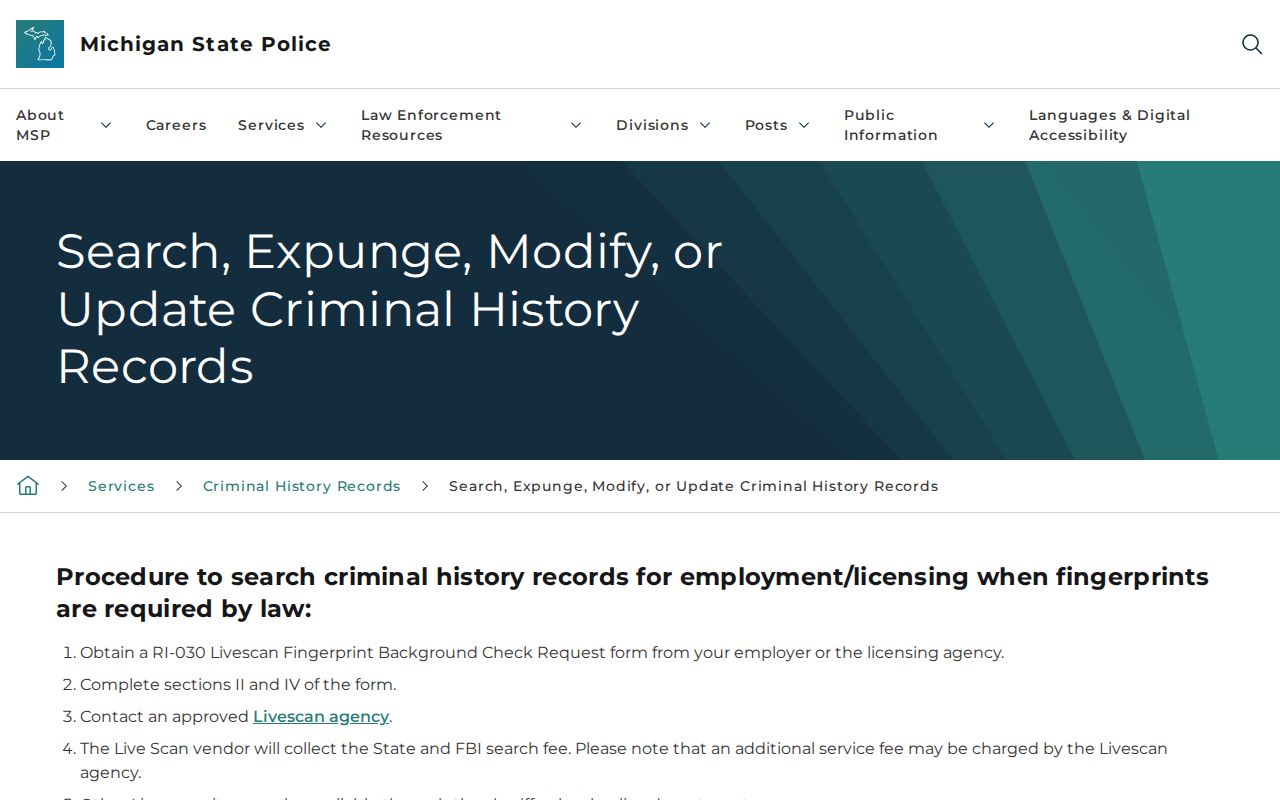 Michigan State Police Live Scan record review and correction instructions