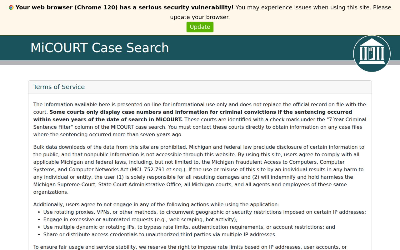 Michigan MiCOURT participating court case search interface