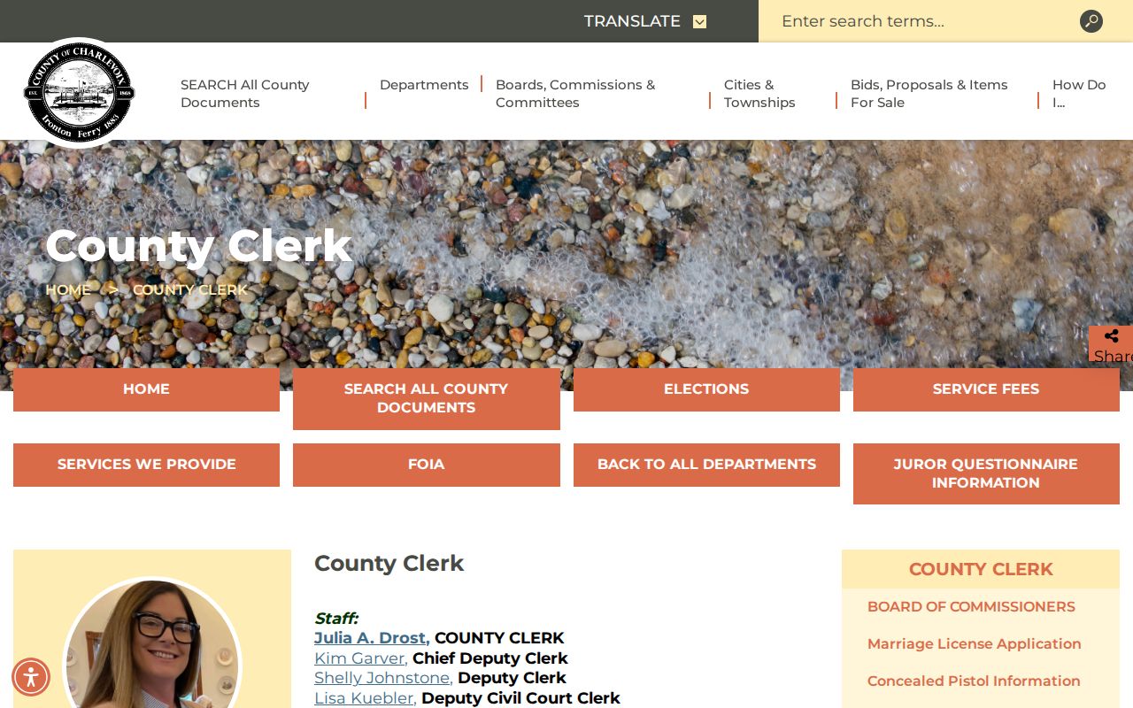 Charlevoix County Clerk page listing separate county FOIA coordinators