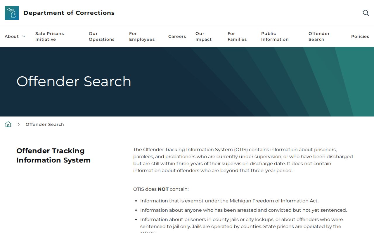 Michigan Department of Corrections OTIS offender search interface