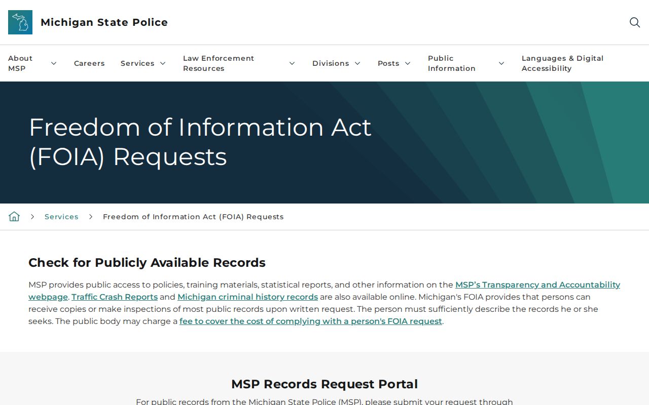 Michigan State Police official FOIA and public record request channels