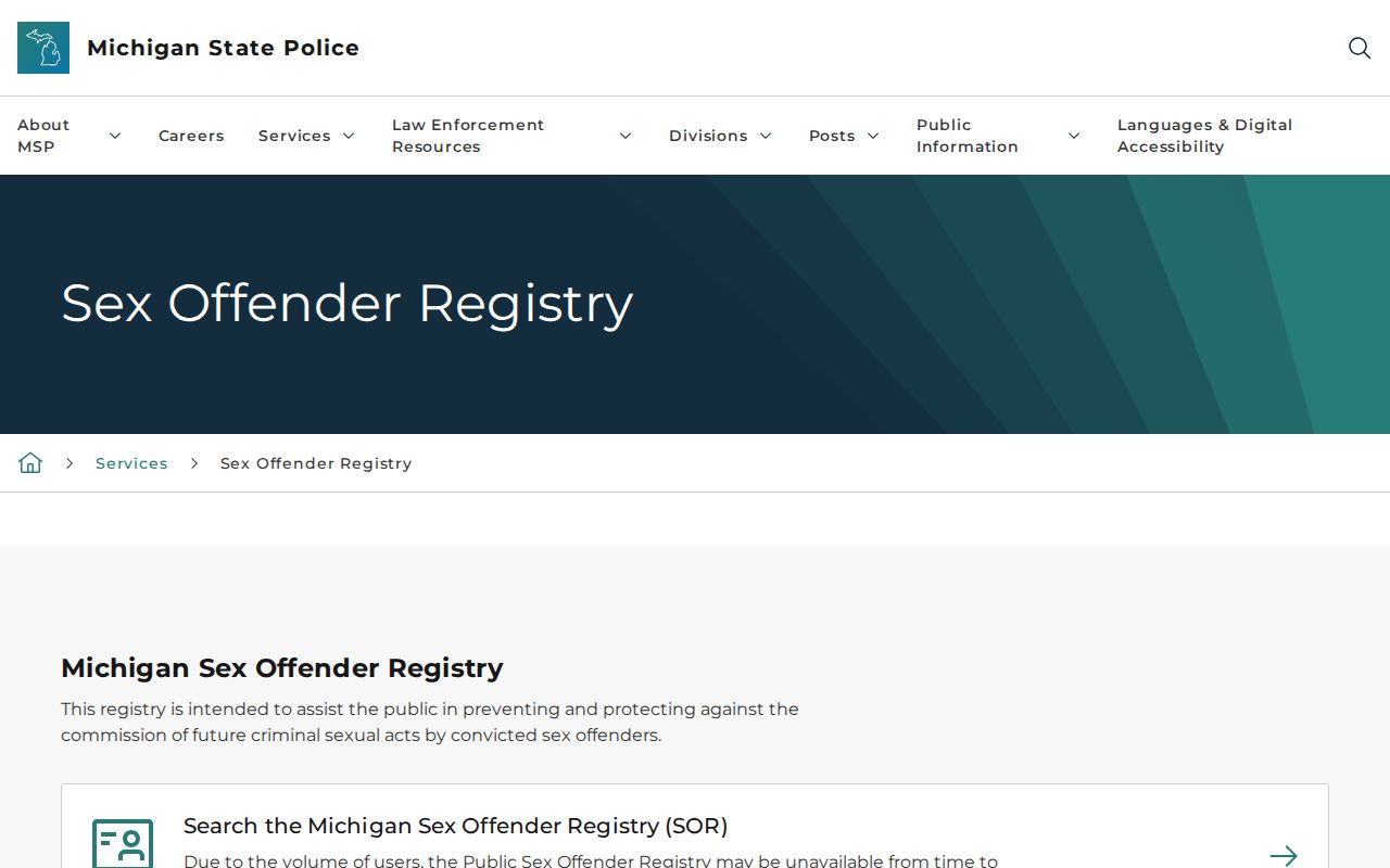 Michigan State Police sex offender registry fields and status help